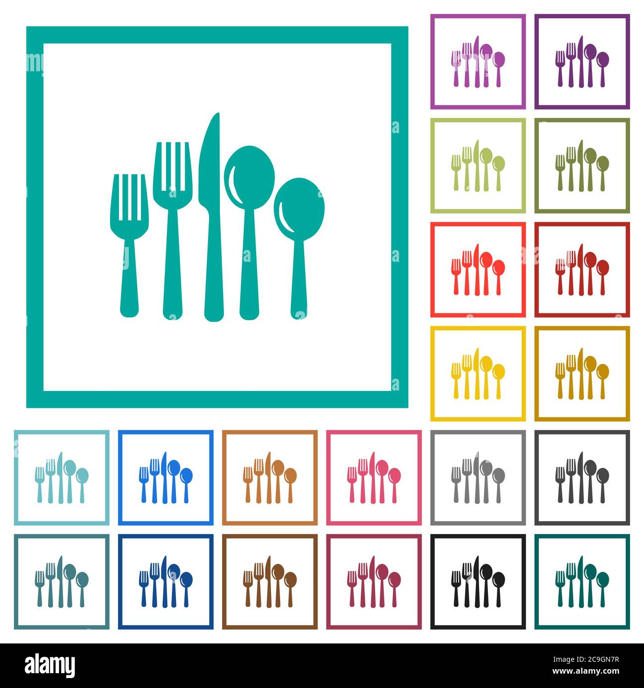Cutlery flat color icons with quadrant frames on white background Stock Vector