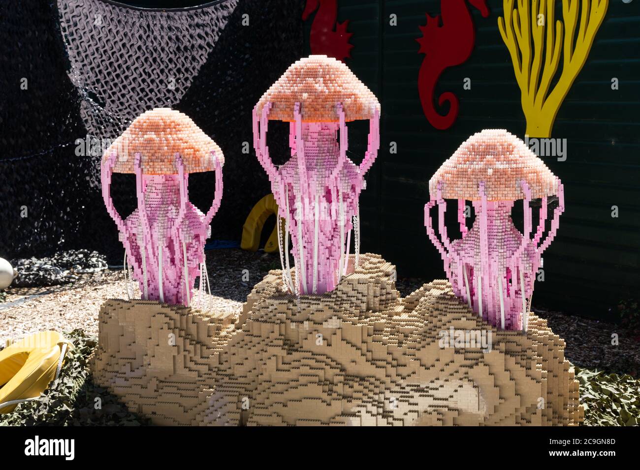 Supersized lego brick animal models at Marwell Zoo, UK, a childrens activity trail. A jellyfish model Stock Photo