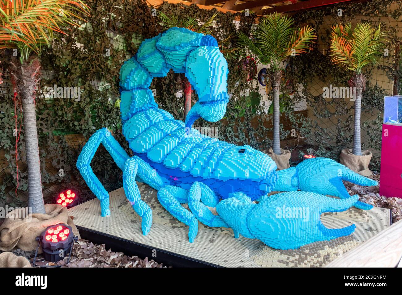 Supersized lego brick animal models at Marwell Zoo, UK, a childrens activity trail. A scorpion model Stock Photo