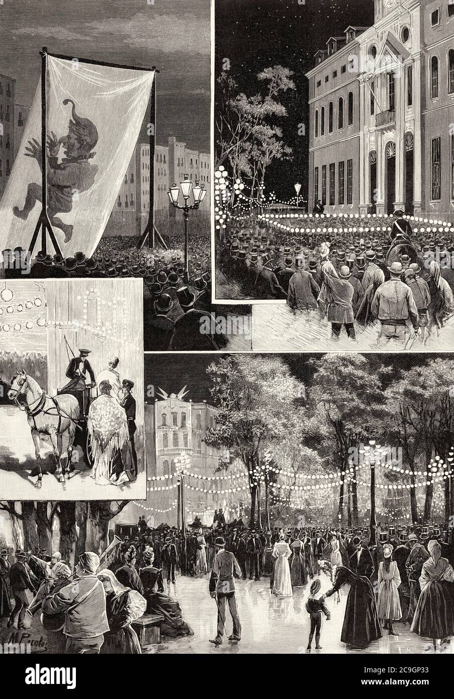 Celebrations of May 1890 in Madrid, Plaza de Quevedo, dancing and lighting in Plaza de las Salesas, Plaza de la Cebada at parties, Salon del Prado with lighting and dancing, Party and fun in the late 19th century, Spain. Old XIX century engraved illustration from La Ilustracion Española y Americana 1890 Stock Photo