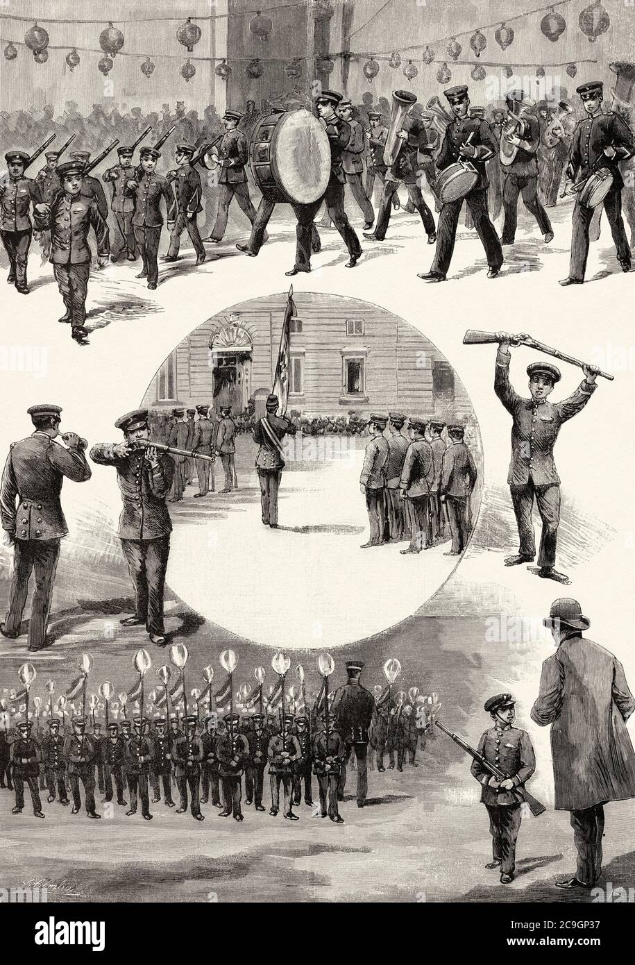 Celebrations of May 1890 in Madrid, the school battalion parading in the Palace Square, Party and fun in the late 19th century, Spain. Old XIX century engraved illustration from La Ilustracion Española y Americana 1890 Stock Photo