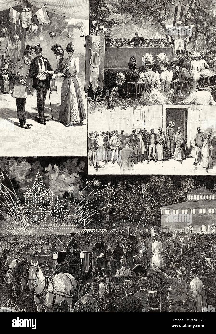 Celebrations of May 1890 in Madrid, concerts in the Retiro Park, distribution of bread vouchers to the poor, fireworks in the Plaza de Santa Barbara, Party and fun in the late 19th century, Spain. Old XIX century engraved illustration from La Ilustracion Española y Americana 1890 Stock Photo