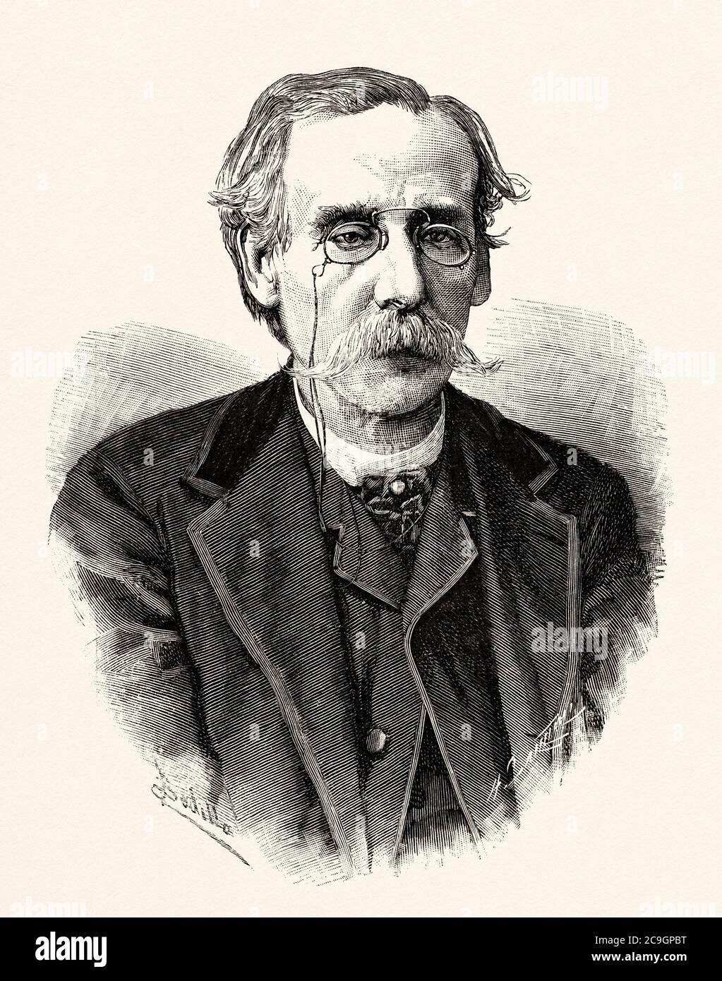 Portrait of Camilo Ferreira Botelho Castelo Branco (Lisbon 1825 - Sao Miguel de Seide 1890) is one of the most representative authors of Portuguese literature. Portuguese writer of late Romanticism, Portugal. Old XIX century engraved illustration from La Ilustracion Española y Americana 1890 Stock Photo