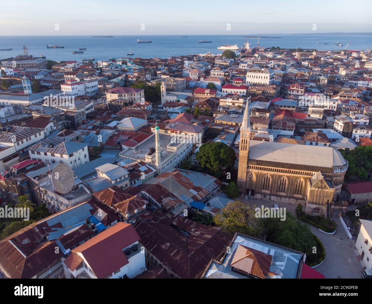 Aerial View on Old Slave Market in Anglican Cathedral at sunset time in
