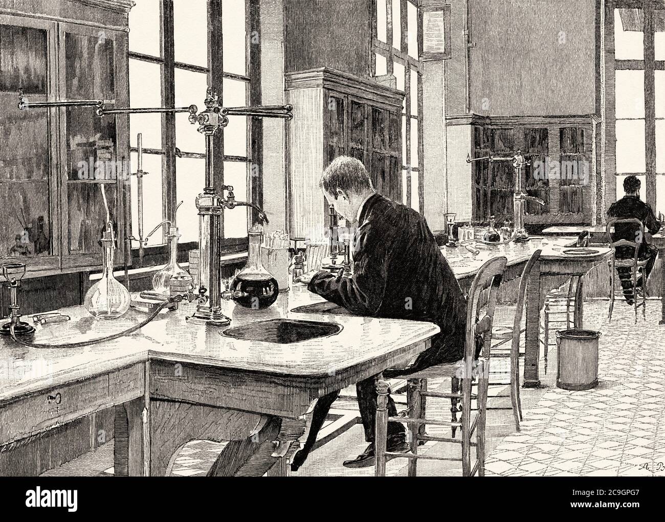 The Pasteur Institute. Microbiology laboratory study and cultivation of microbes 1890 Paris, France. Old XIX century engraved illustration from La Ilustracion Española y Americana 1890 Stock Photo