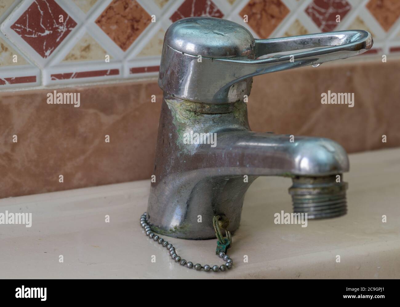 Water tap with limescale Calcium deposits on faucet Stock Photo