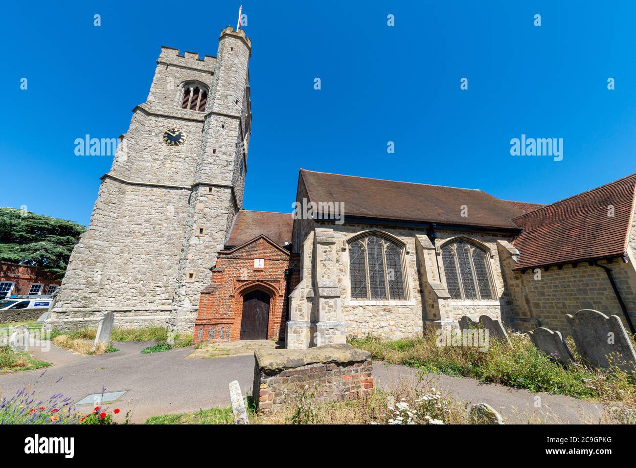 St Clement's Church on Leigh Hill, Leigh on Sea, Essex, UK. Tomb of Mary Ellis, with worn cutlass stone. Parish church dedicated to Saint Clement Stock Photo