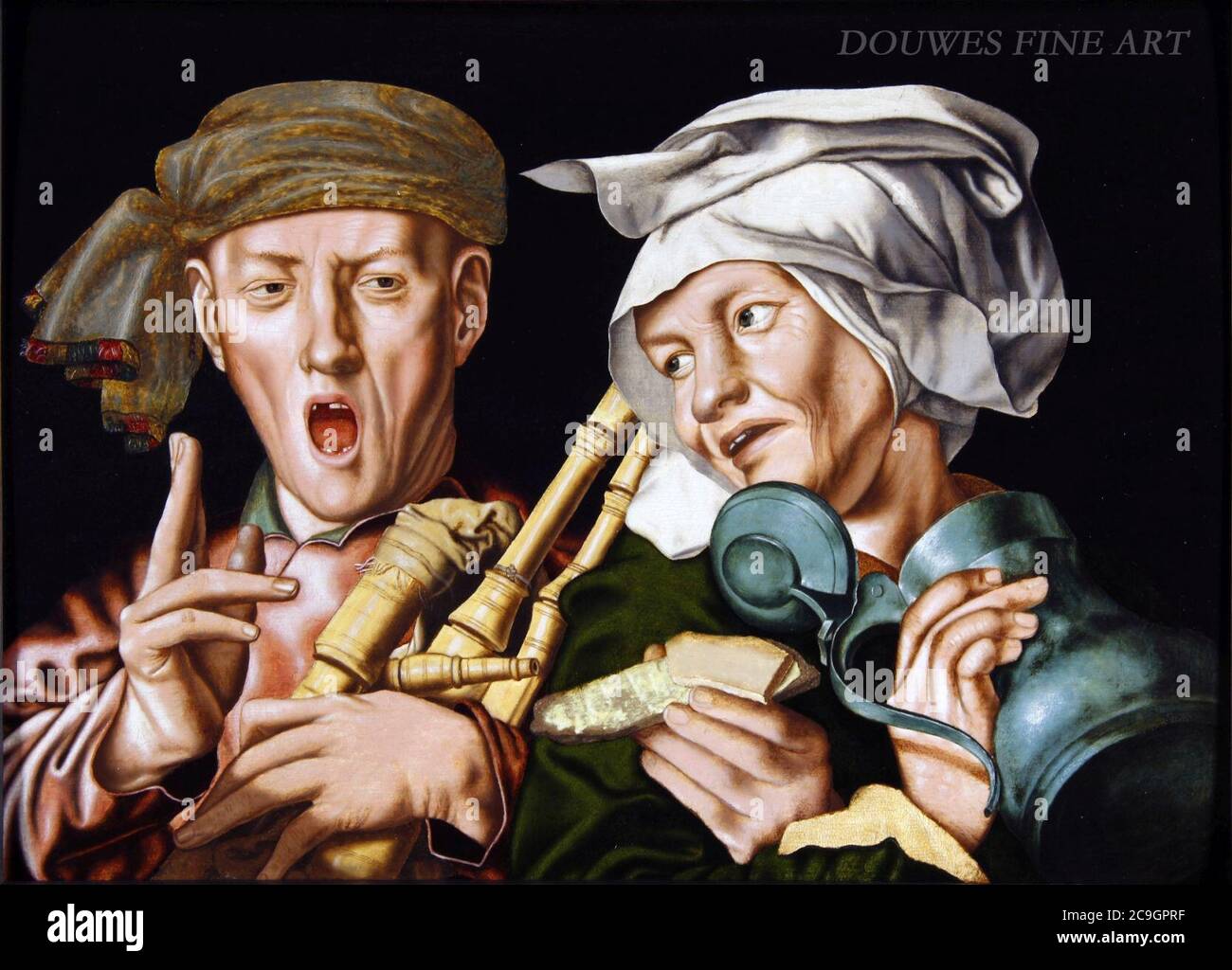 Jan Sanders van Hemessen and Workshop - The boisterous bagpipe player and the artful woman. Stock Photo