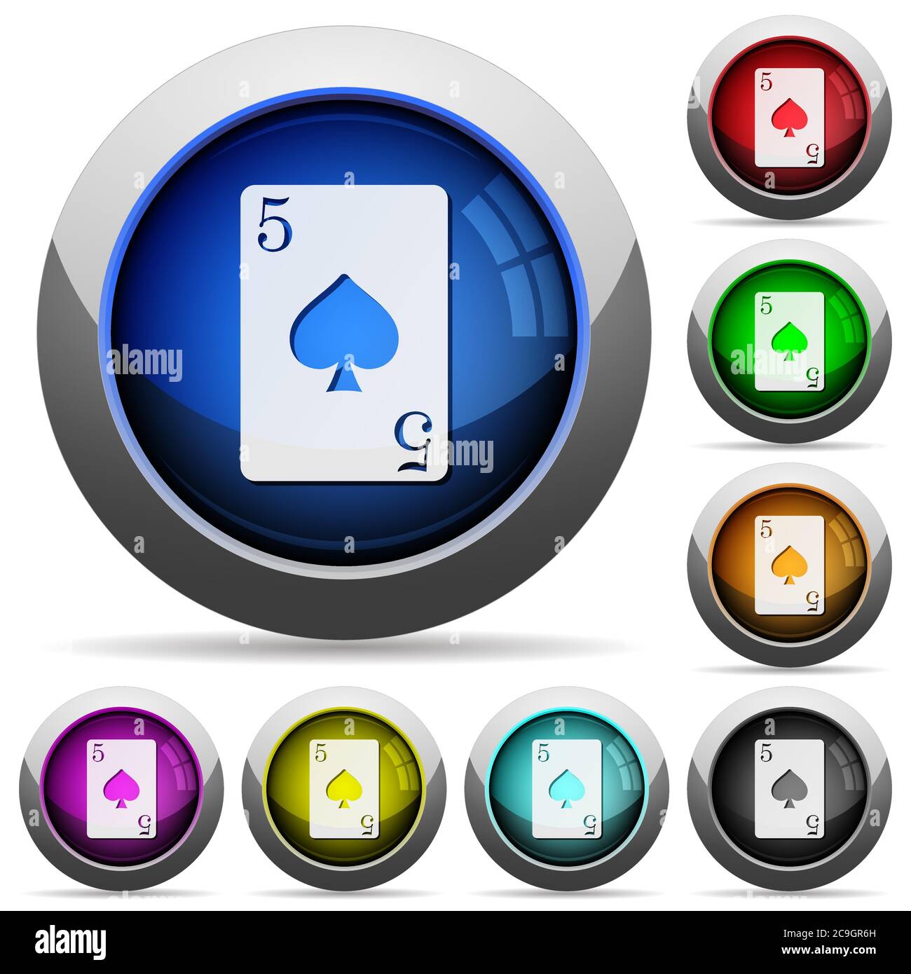 Five of spades card icons in round glossy buttons with steel frames