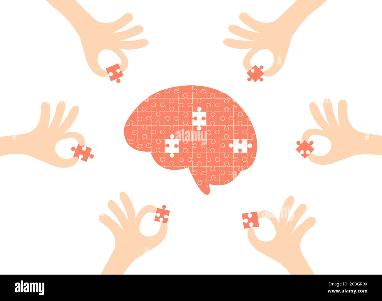 Brain jigsaw with hand holding pieces of the puzzle isolated on white background. Stock Vector