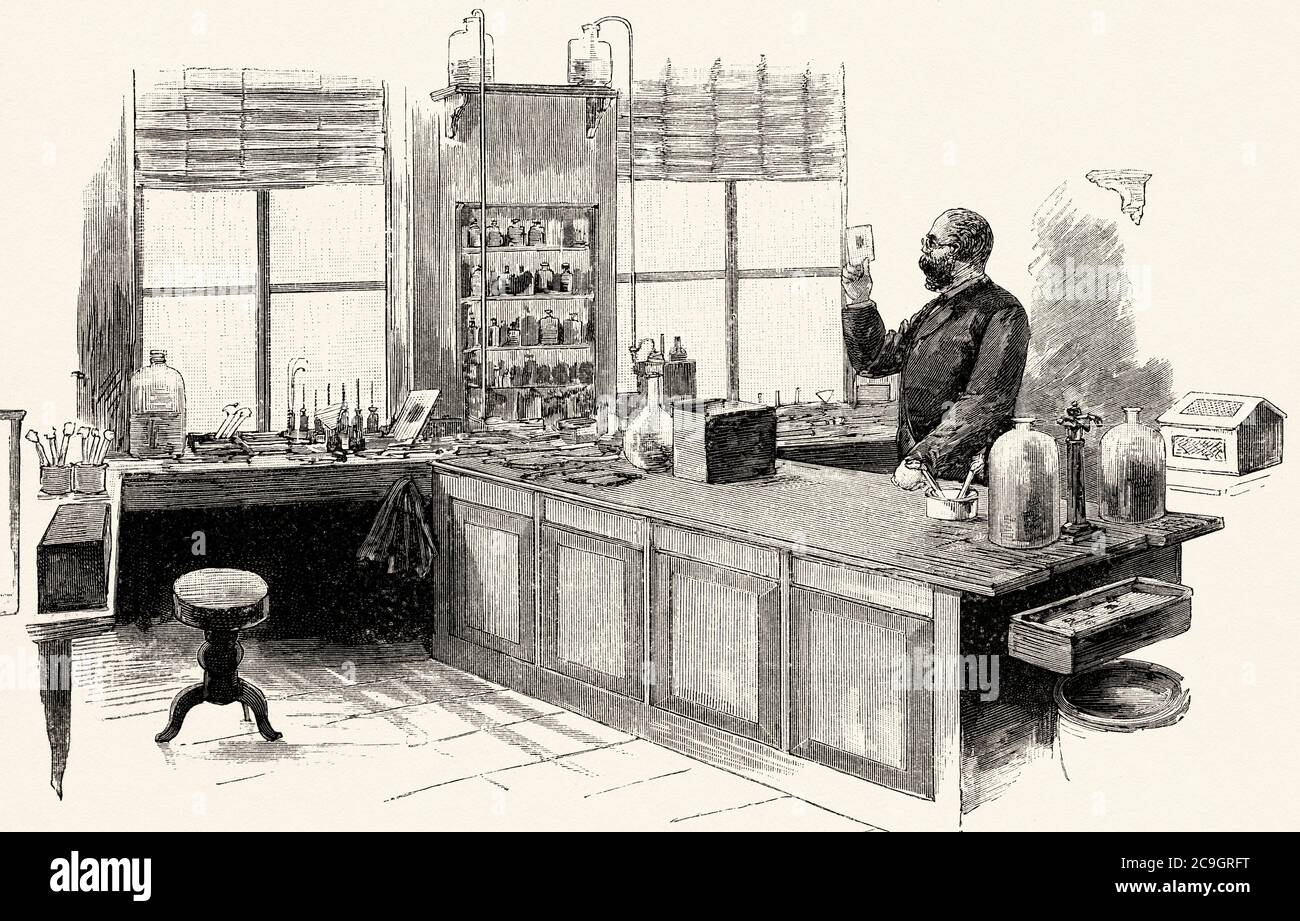 Robert Koch (1843- 1910) in his laboratory. German physician and pioneering microbiologist, famous for discovering the tuberculosis bacillus in 1882. Nobel Prize for medicine in 1905, Germany. Old XIX century engraved illustration from La Ilustracion Española y Americana 1890 Stock Photo