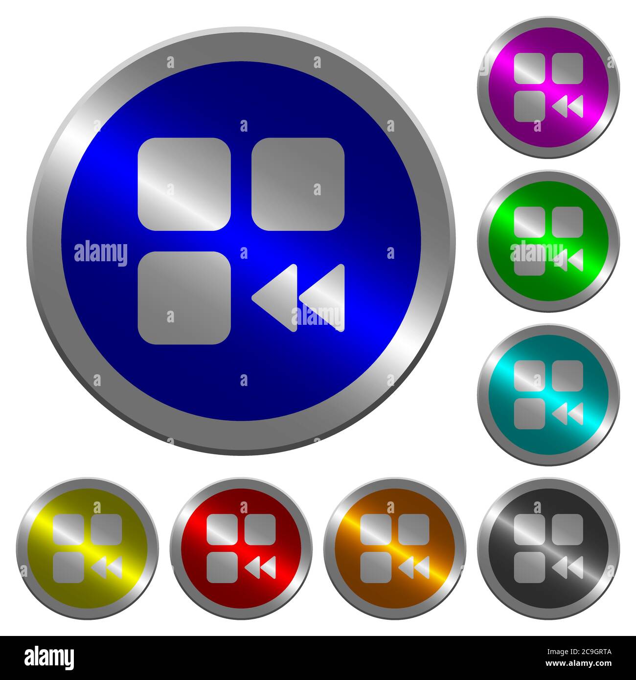 Component fast backward icons on round luminous coin-like color steel ...