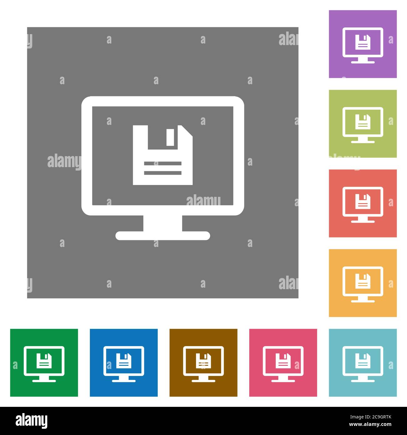 Save display settings flat icons on simple color square backgrounds Stock Vector