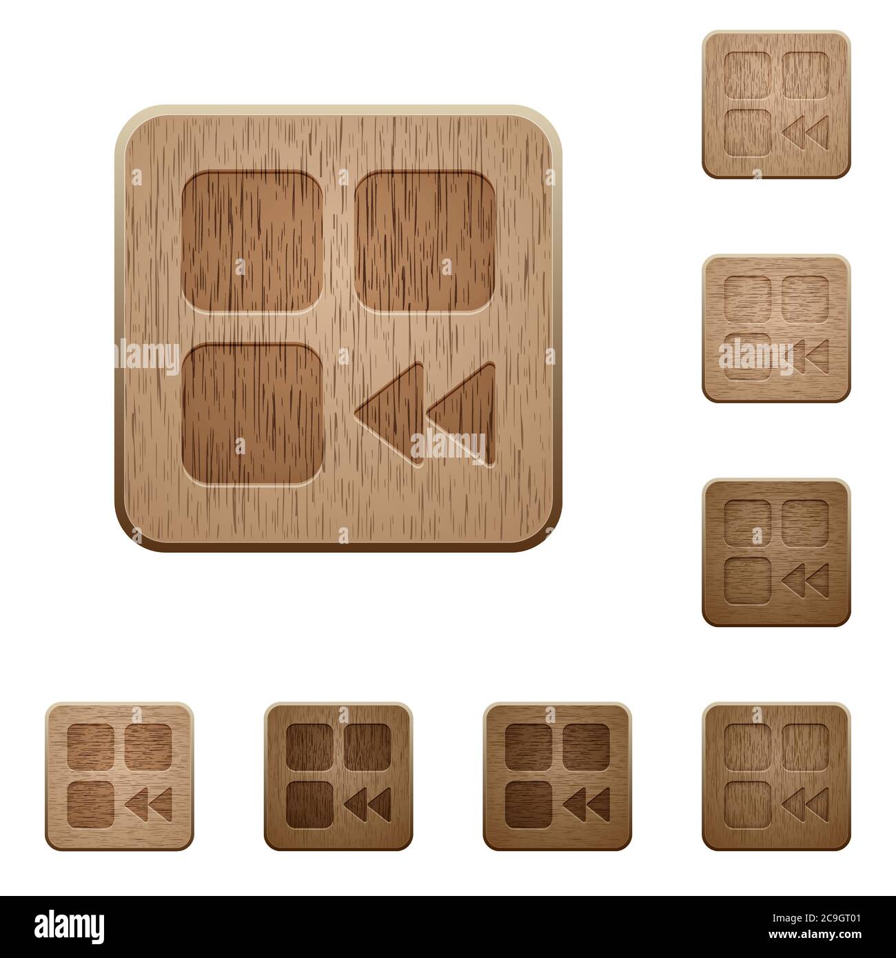 Component fast backward on rounded square carved wooden button styles Stock Vector