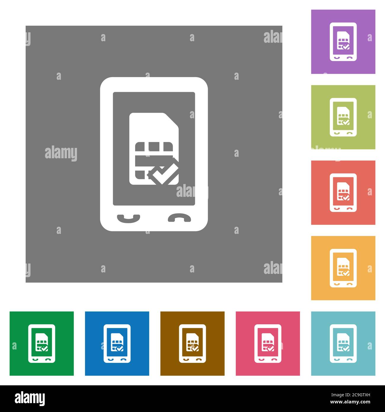 Mobile simcard accepted flat icons on simple color square backgrounds Stock Vector