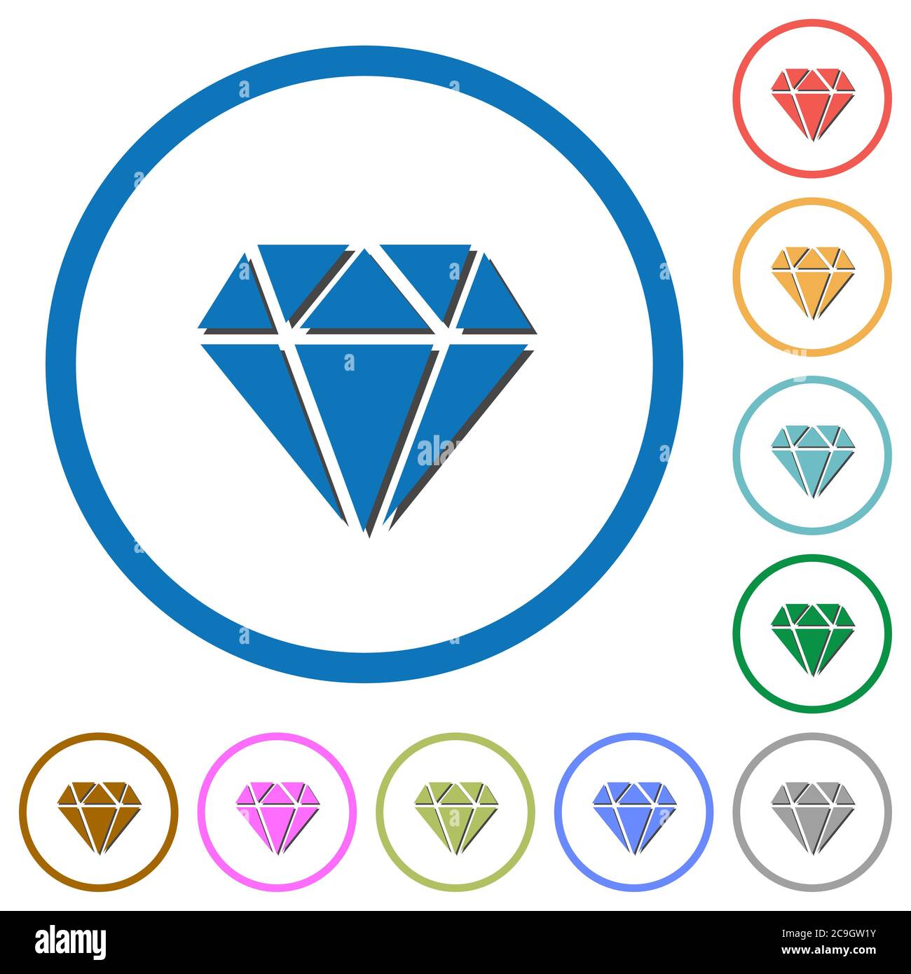 Diamond flat color vector icons with shadows in round outlines on white ...