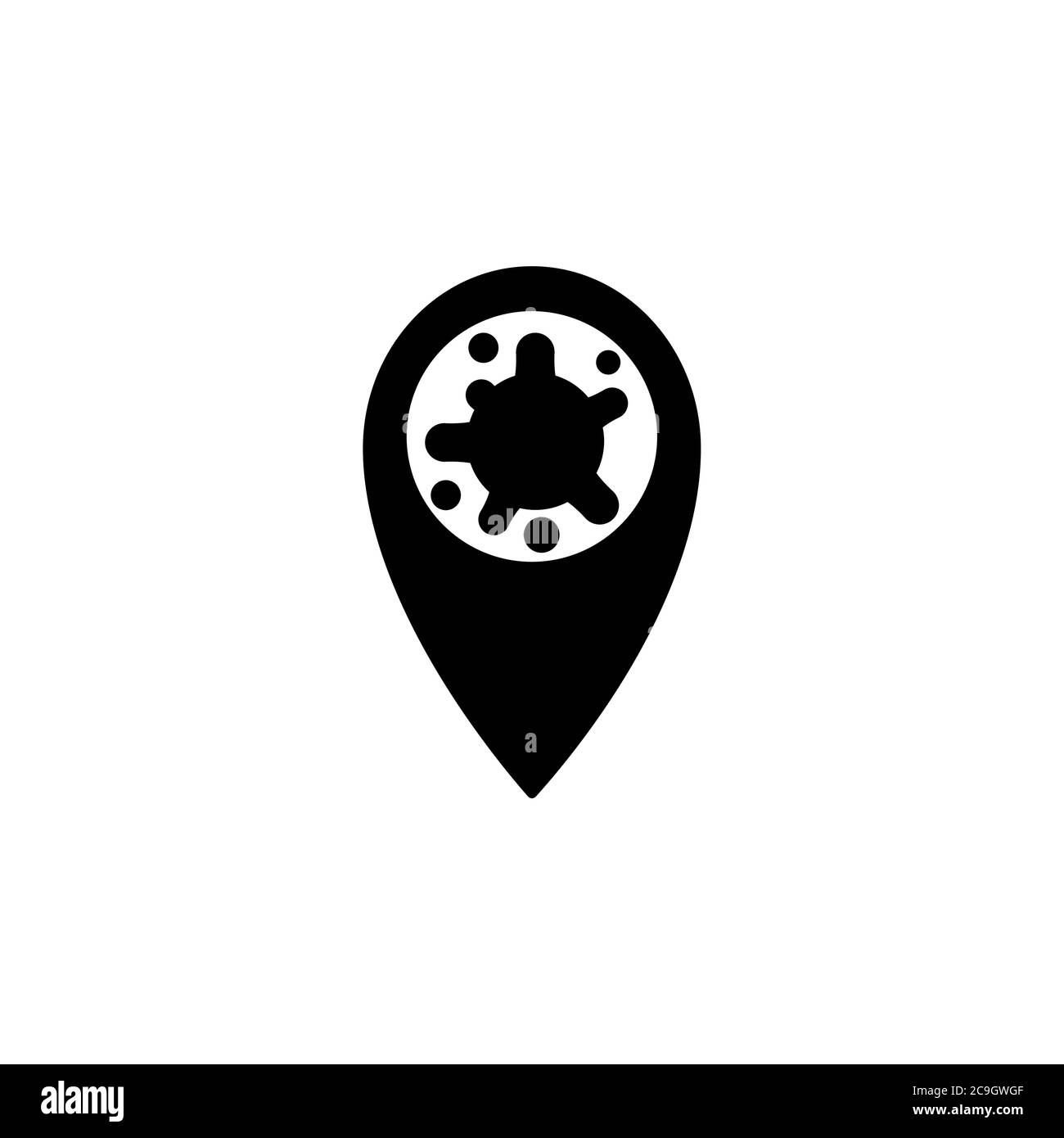 Virus, bacteria and map pointer icon, symbol, sign. coronavirus, COVID-19 icon, logo black on white background. Stock Vector