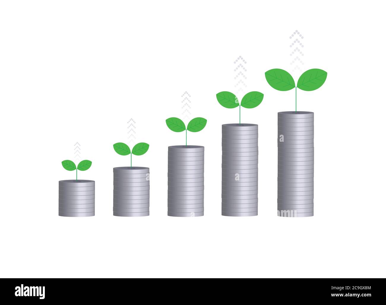 Silver coins arranged in a graph with there are trees on top. Stock Vector