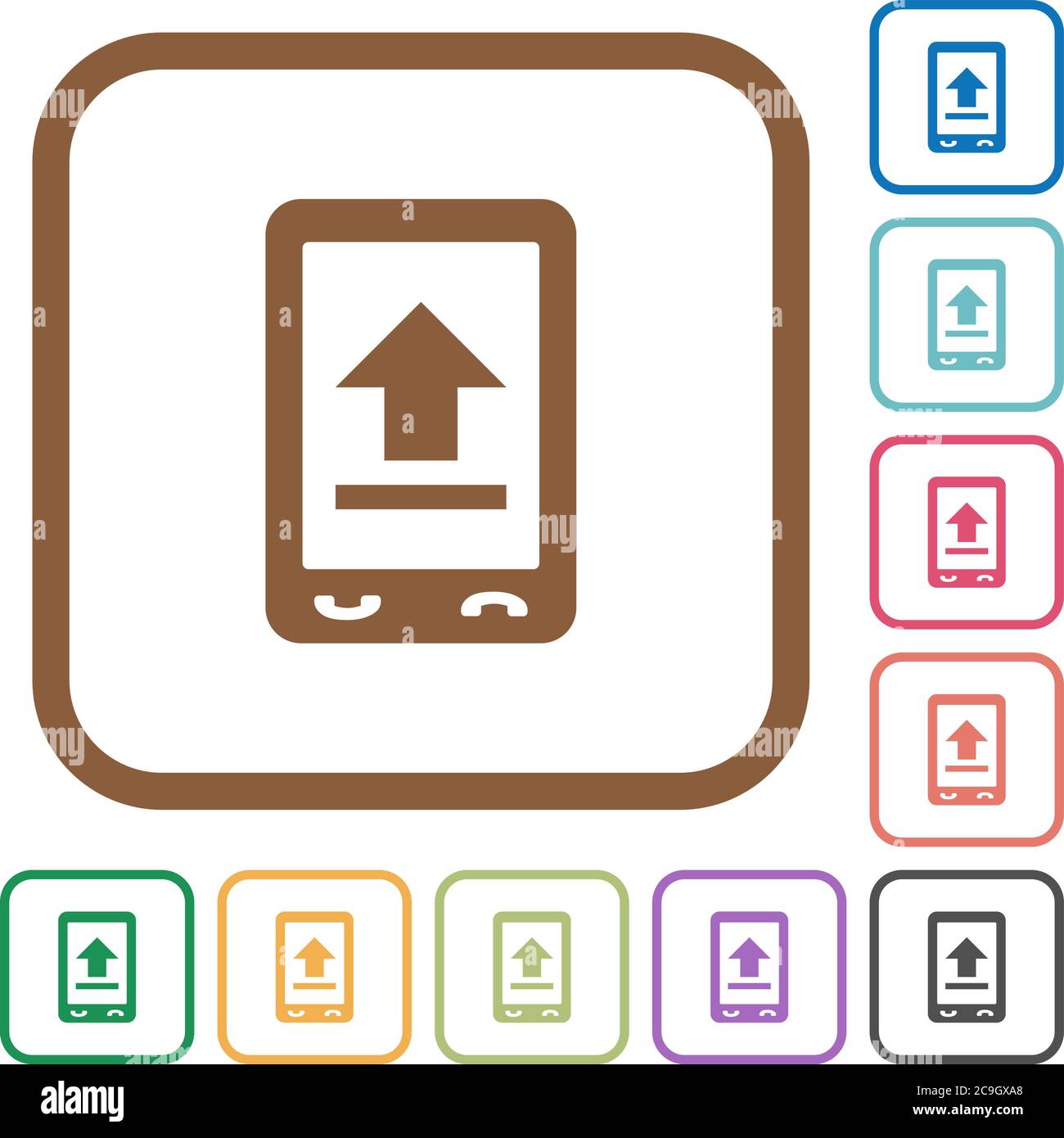 Mobile upload simple icons in color rounded square frames on white background Stock Vector