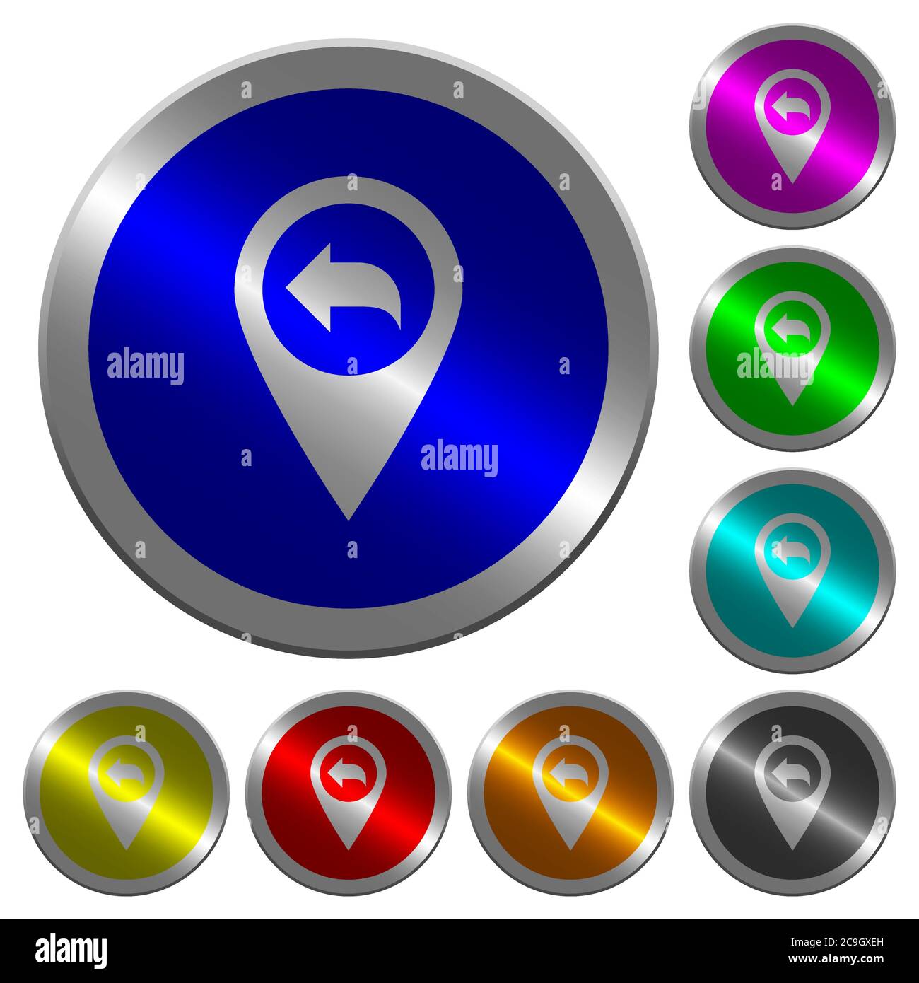 Previous GPS map location icons on round luminous coin-like color steel ...