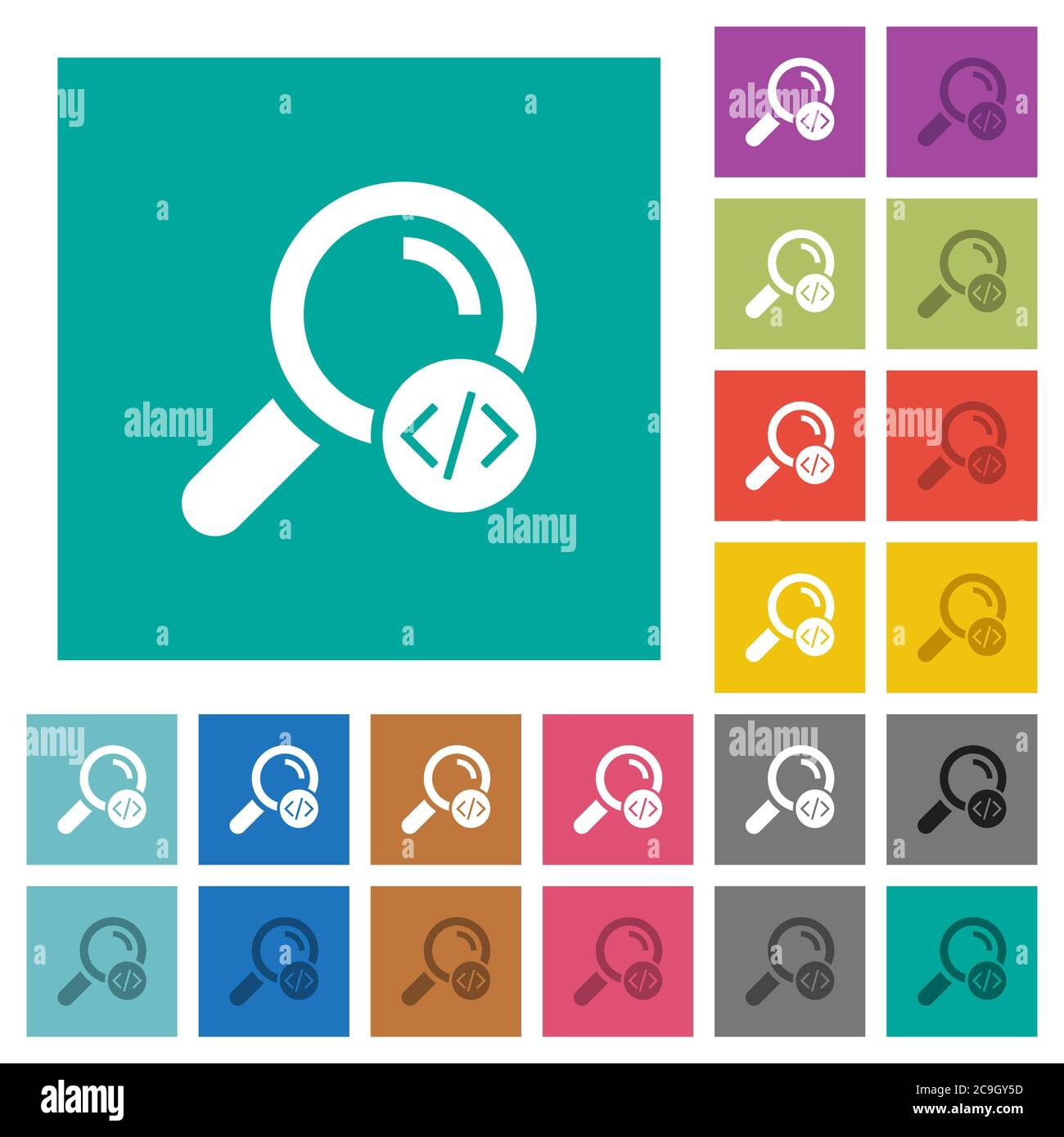 Search programming code multi colored flat icons on plain square backgrounds. Included white and darker icon variations for hover or active effects. Stock Vector