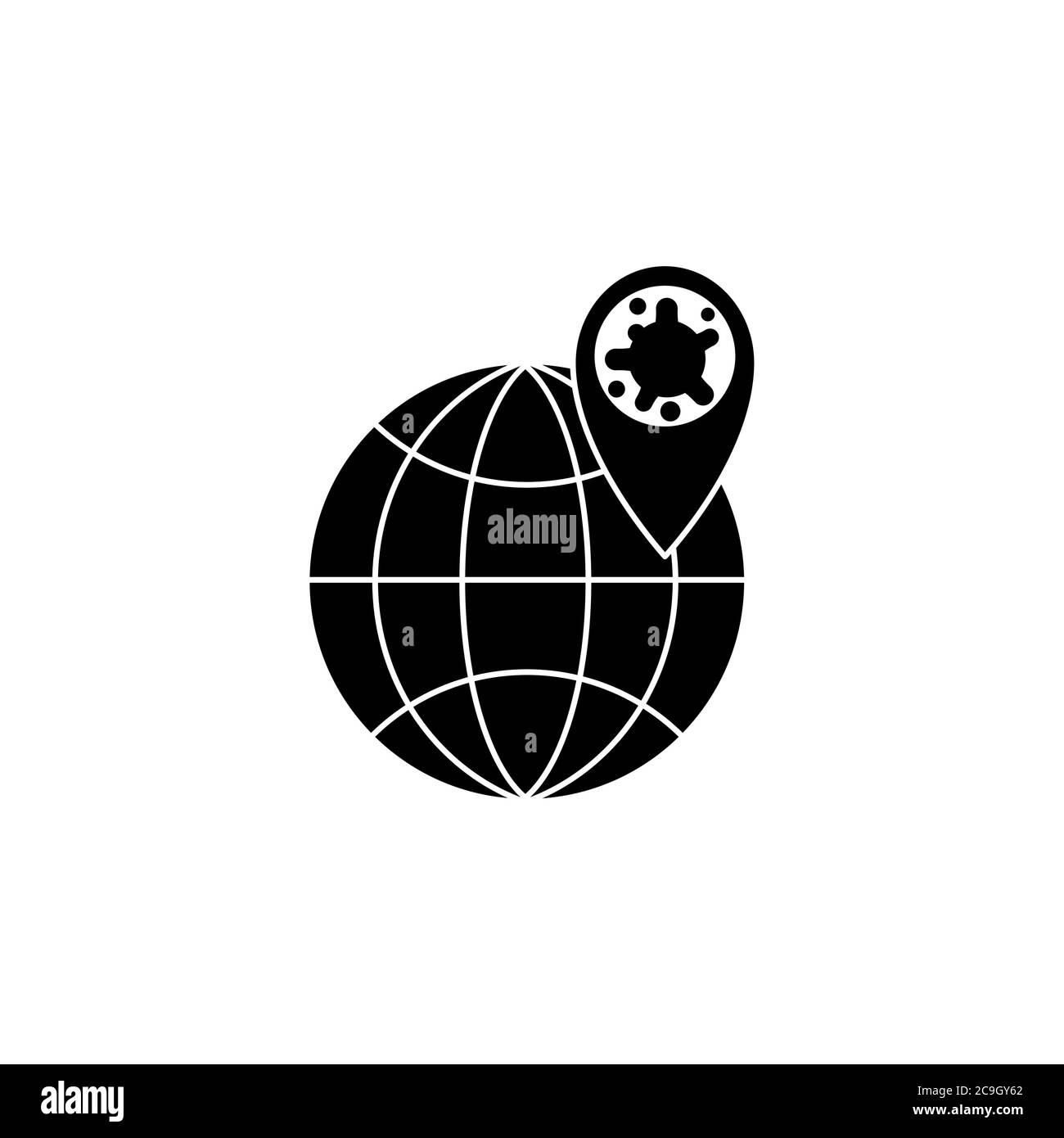 Virus, bacteria, map pointer and globe icon, symbol, sign. coronavirus, COVID-19 icon, logo black on white background. 2019-ncov Stock Vector