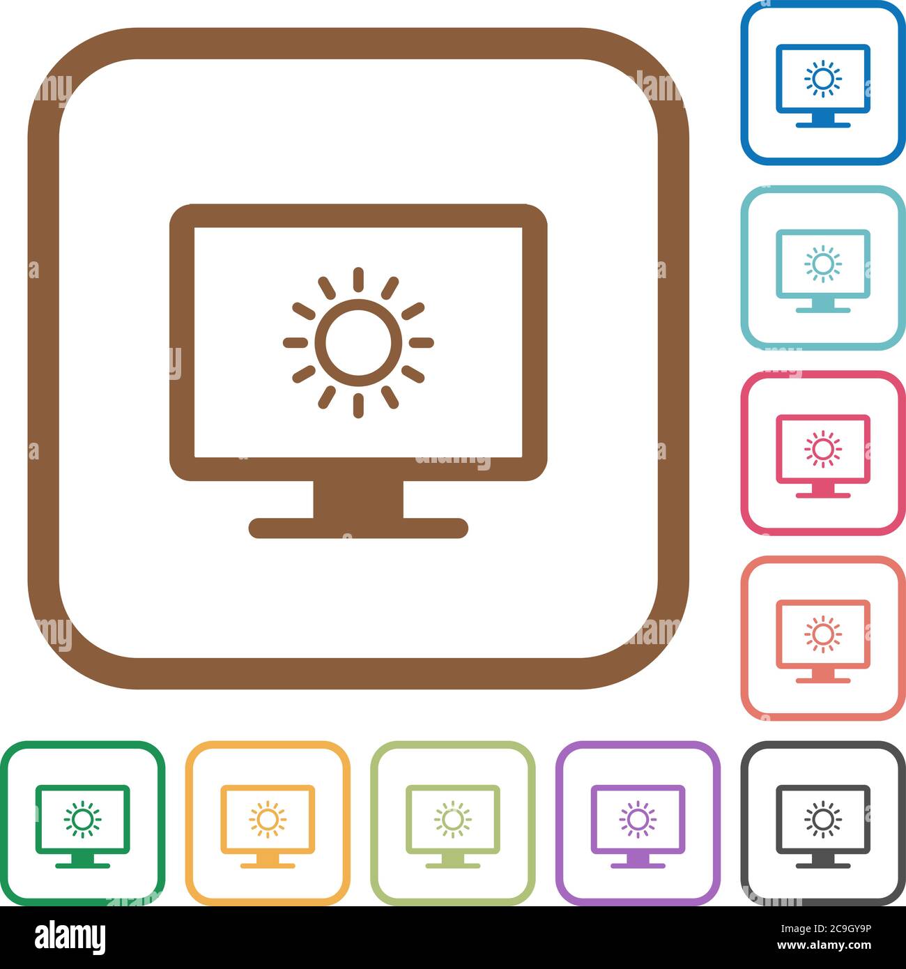 Adjust screen brightness simple icons in color rounded square frames on ...