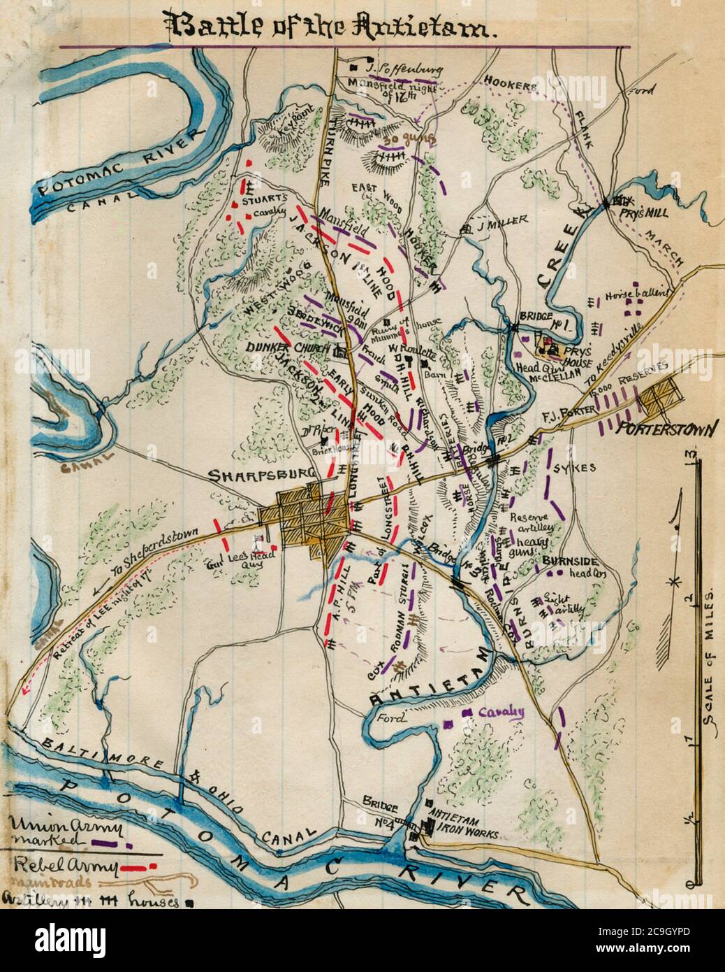 Battle of Antietam - Conveys the placement of Union and Confederate forces in Washington County, Md., around Sharpsburg during the Battle of Antietam on September 17, 1862 Stock Photo