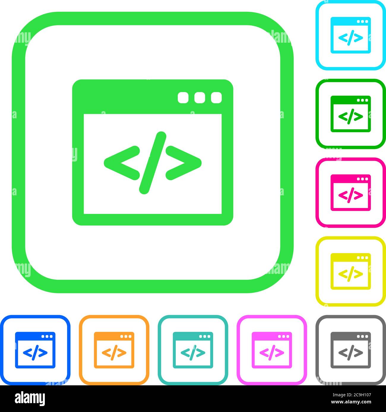 Programming code in software window vivid colored flat icons in curved ...