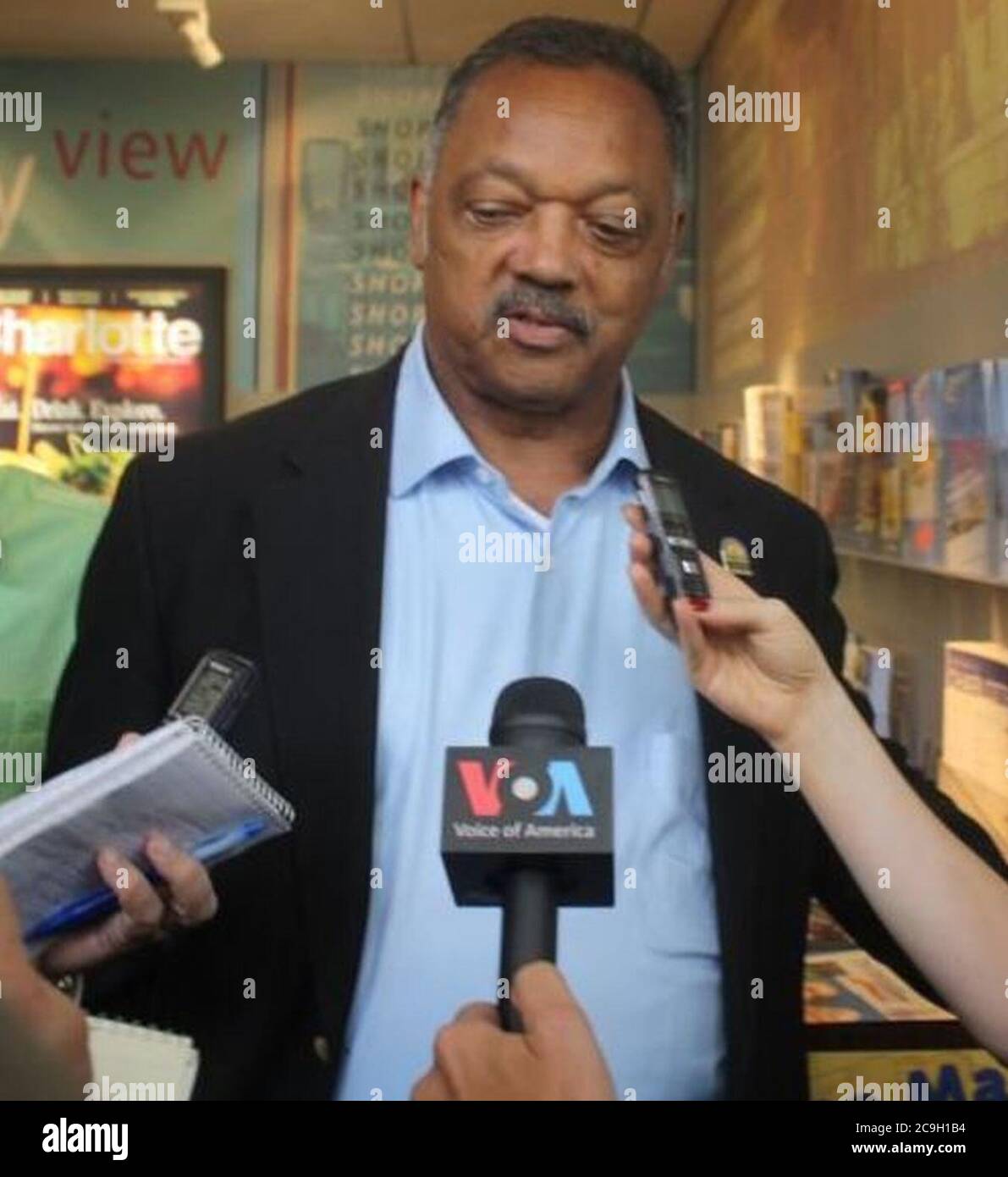 Civil Rights Activist and Democratic Political Figure Jesse Jackson talks to VOA at the Democratic Convention in Charolette NC on Tuesday September 4th (1). Stock Photo