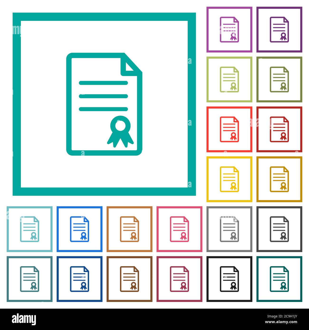 Certificate document flat color icons with quadrant frames on white background Stock Vector