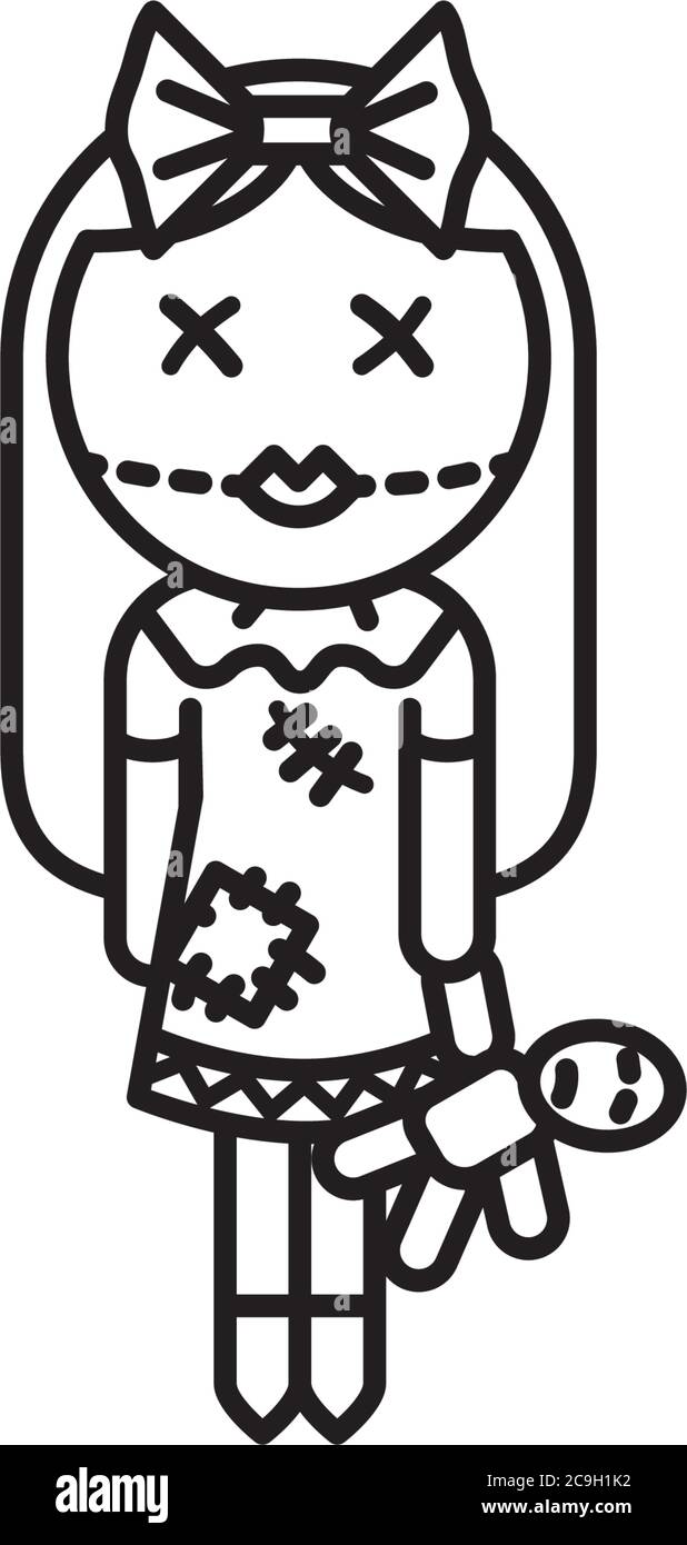 Gothic style ragdoll vector line icon. Horrible toy outline symbol. Stock Vector