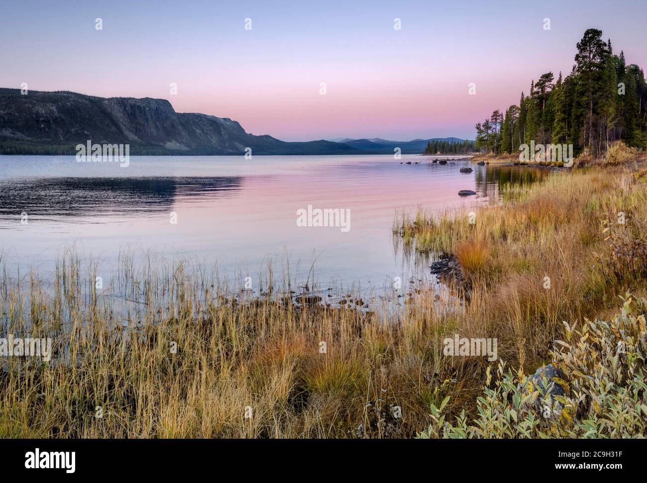 Lake in a quiet nordic evening mood, Jokkmokk, Norrbottens laen, Sweden Stock Photo