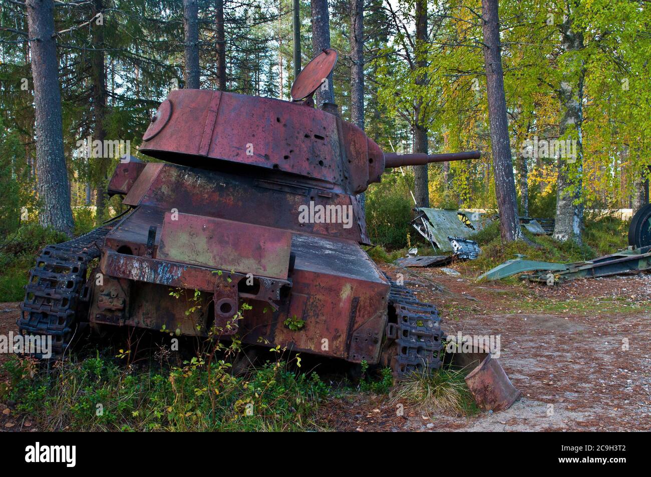 Wreckage of a tank from the Winter War near Suomussalmi, Finland. Stock Photo