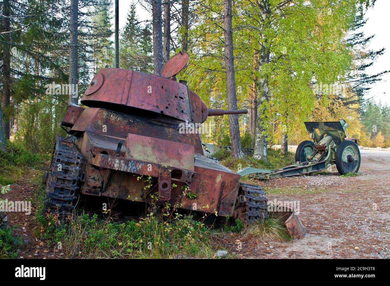 Wreckage of a tank from the Winter War near Suomussalmi, Finland. Stock Photo