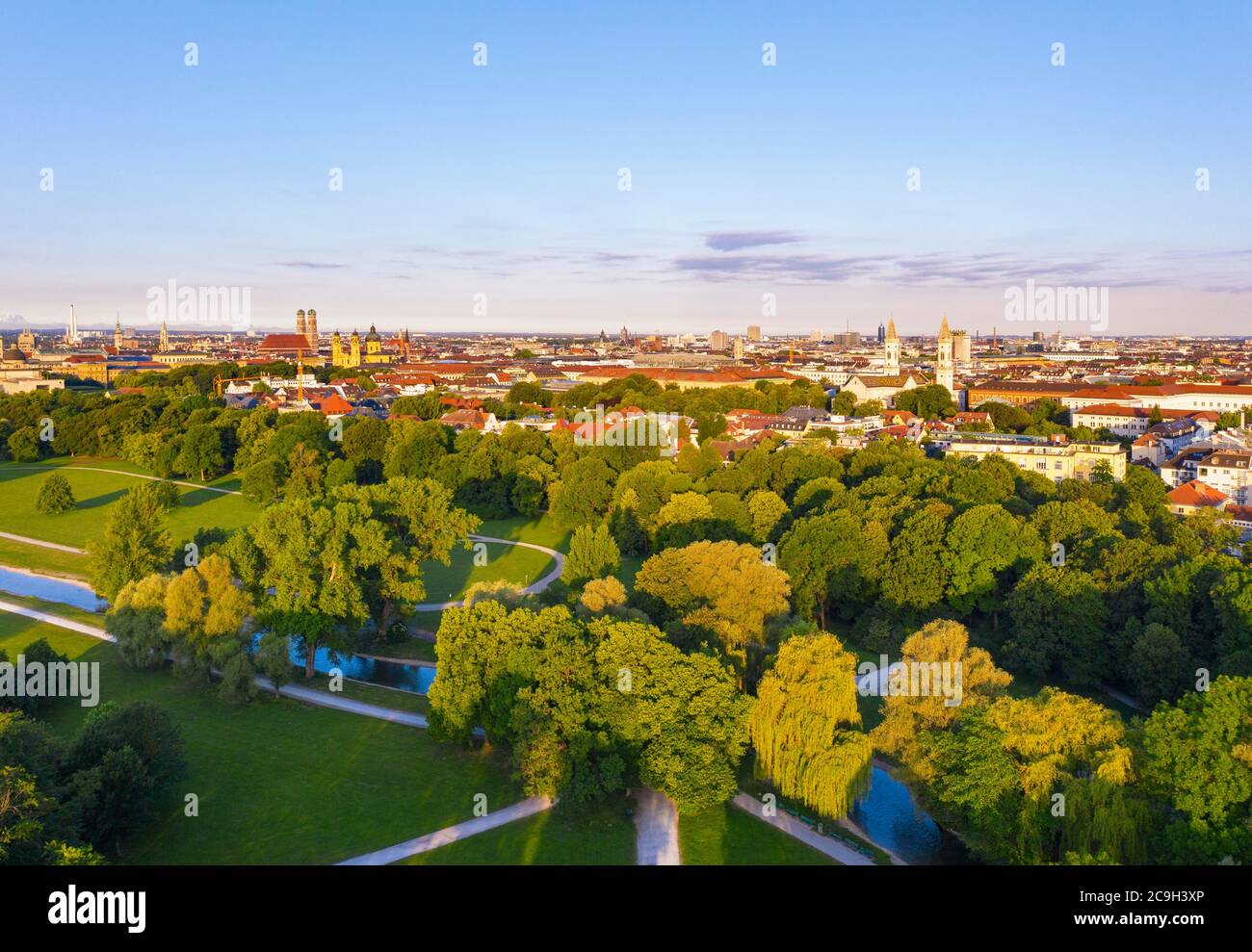 English Garden, view over the old town and Maxvorstadt, Munich, aerial view, Upper Bavaria, Bavaria, Germany Stock Photo