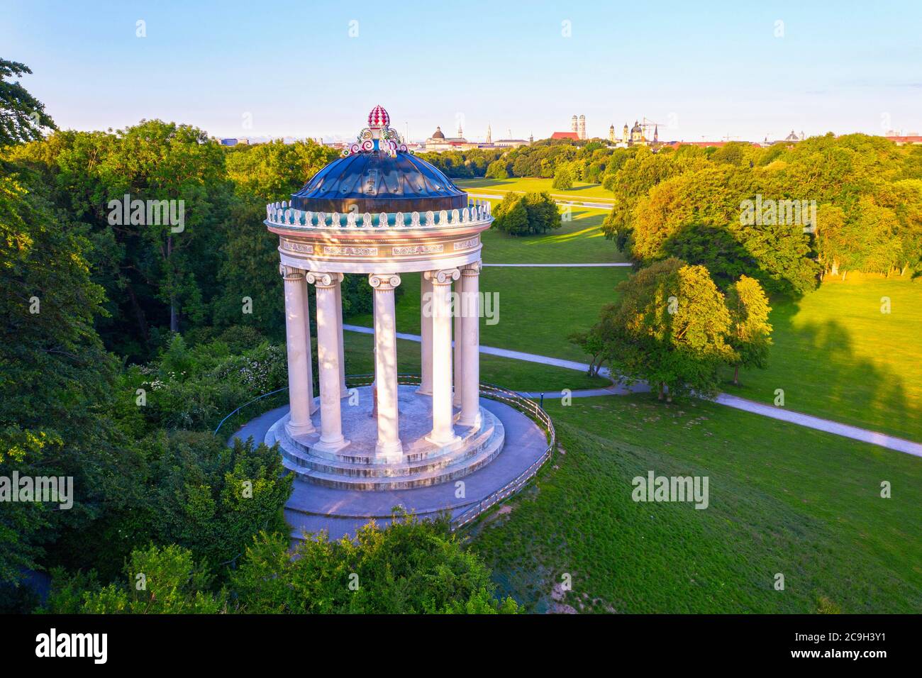 Monopteros in the English Garden, view over the old town, Munich, aerial view, Upper Bavaria, Bavaria, Germany Stock Photo