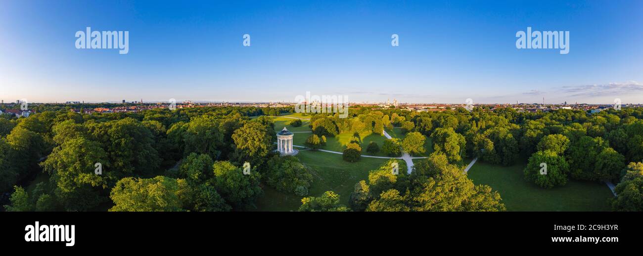 Panorama of the English Garden with Monopteros, Munich, aerial view, Upper Bavaria, Bavaria, Germany Stock Photo