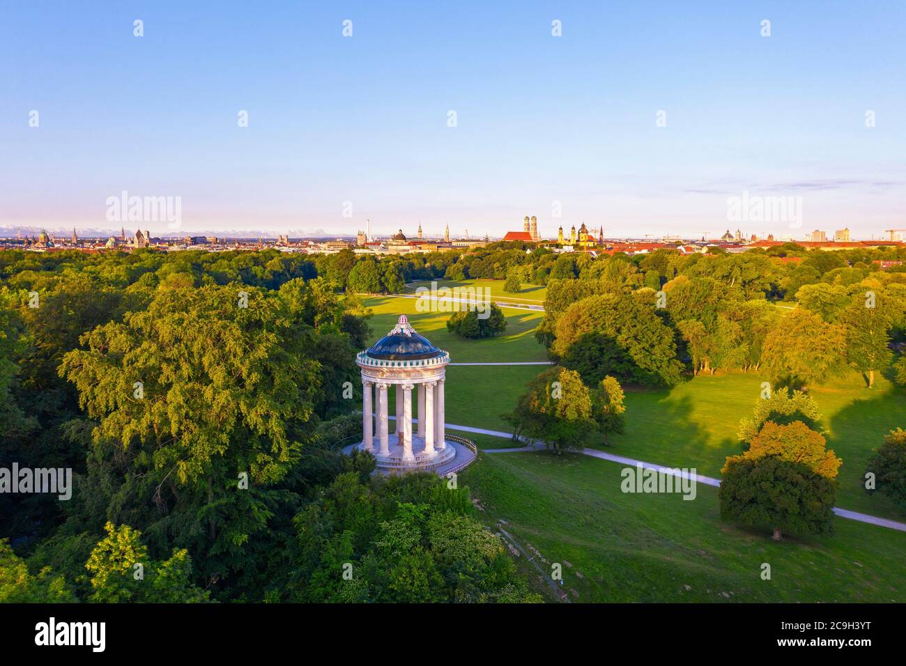 Monopteros in the English Garden, view over Lehel and the old town, Munich, aerial view, Upper Bavaria, Bavaria, Germany Stock Photo