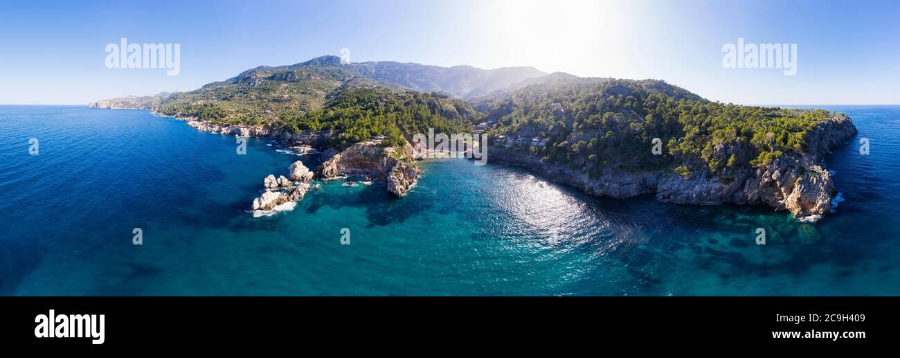 Panorama of the coast around Cala Deia, near Deia, Serra de Tramuntana, drone picture, Majorca, Balearic Islands, Spain Stock Photo