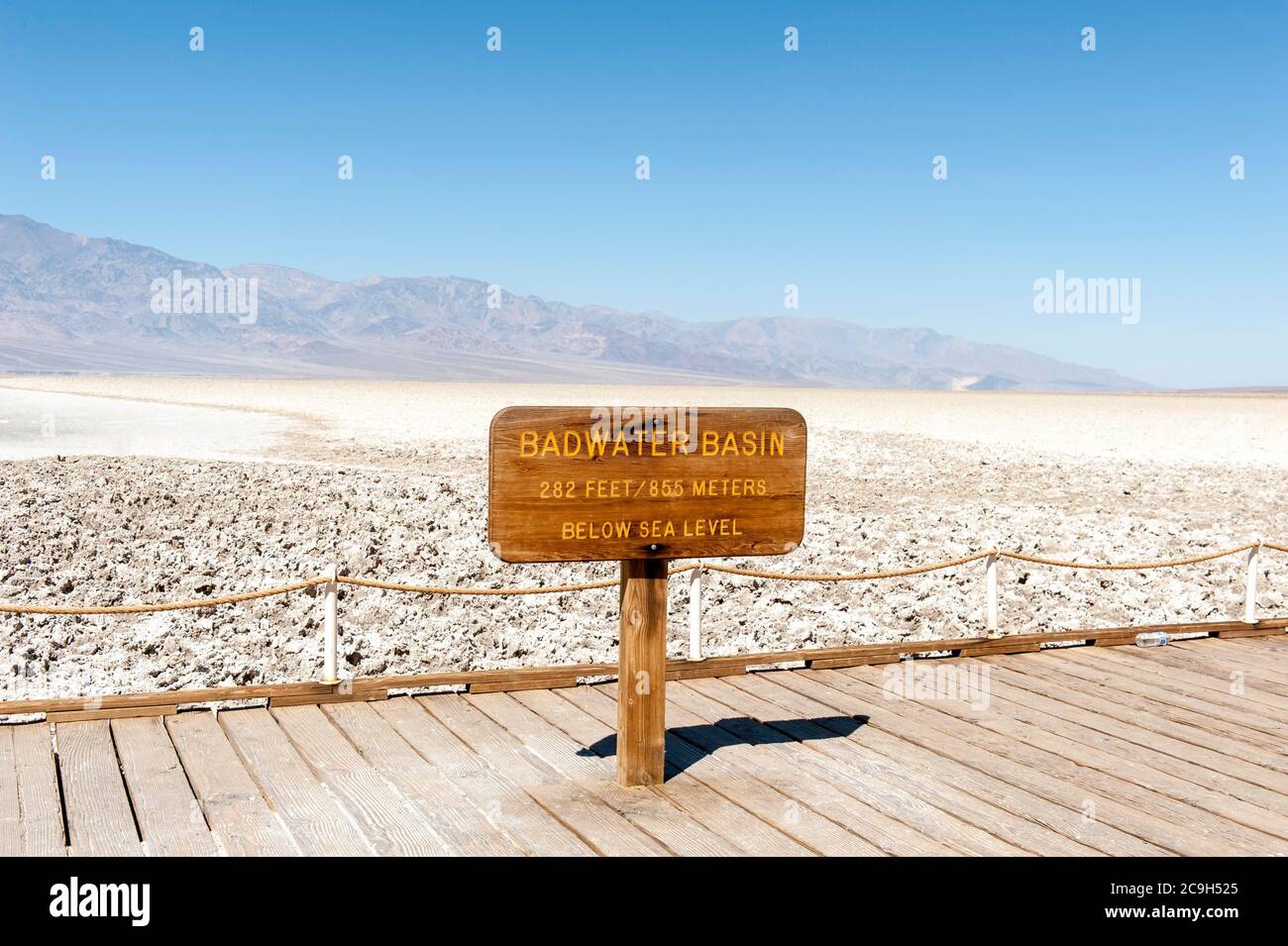 Salt plain, sign Badwater Basin, Death Valley National Park, California, USA Stock Photo