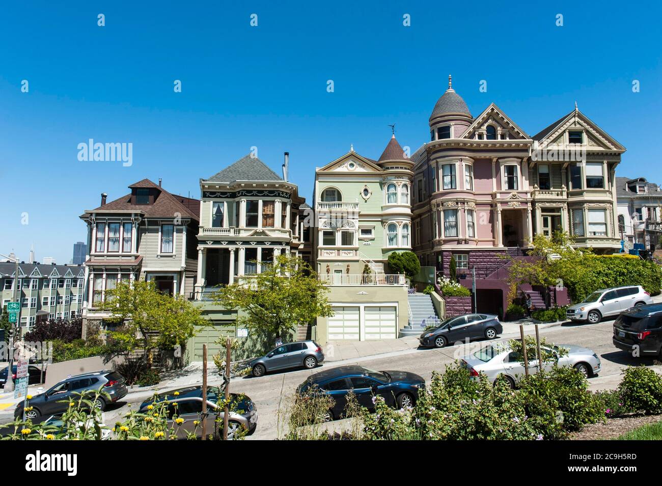 Architecture, Victorian colorful painted houses, Painted Ladies, Alamo Square Park, San Francisco, California, USA Stock Photo