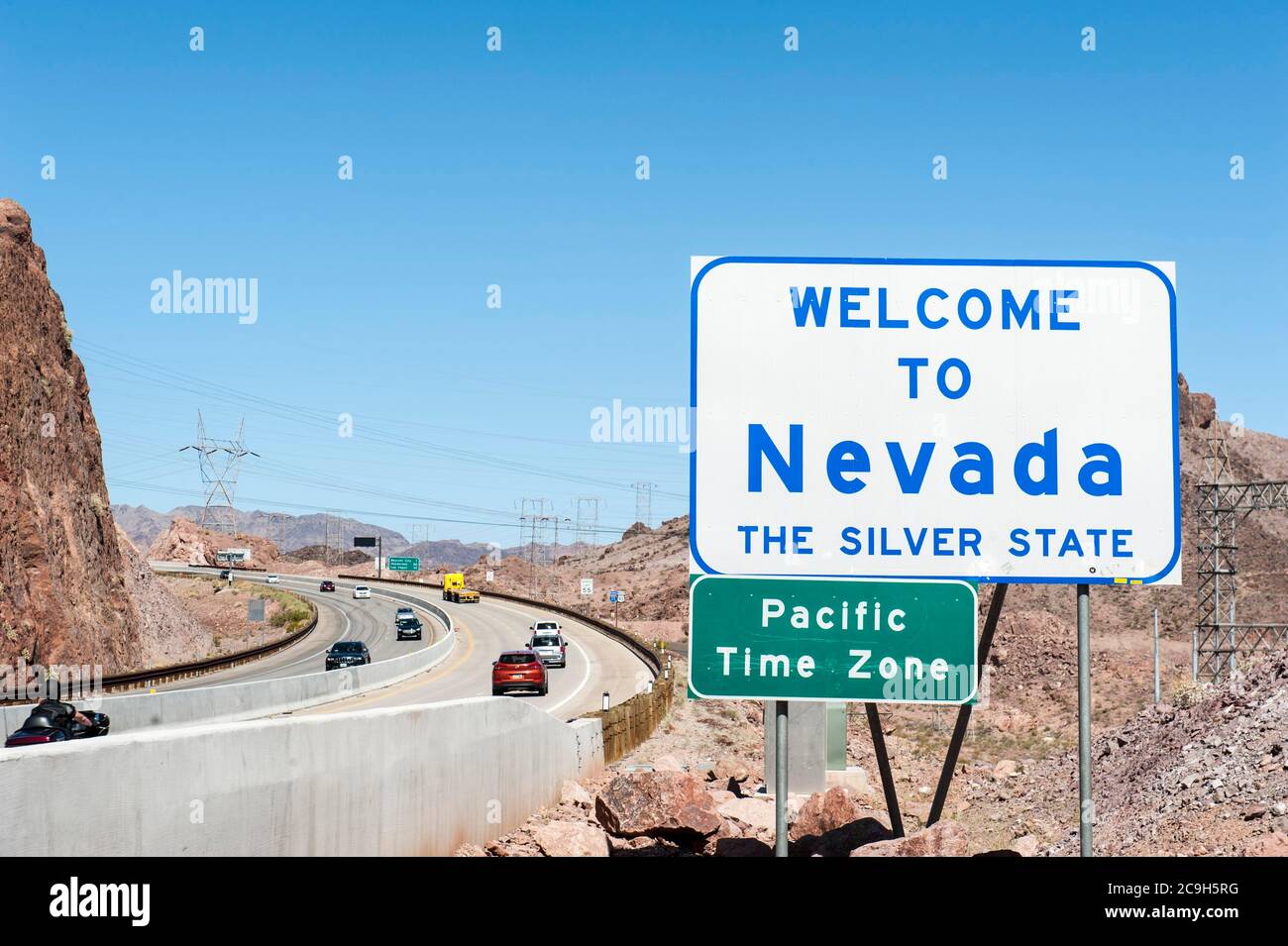 Welcome to Nevada, the silver state, Pacific time zone, at Hoover Dam, Nevada, USA Stock Photo