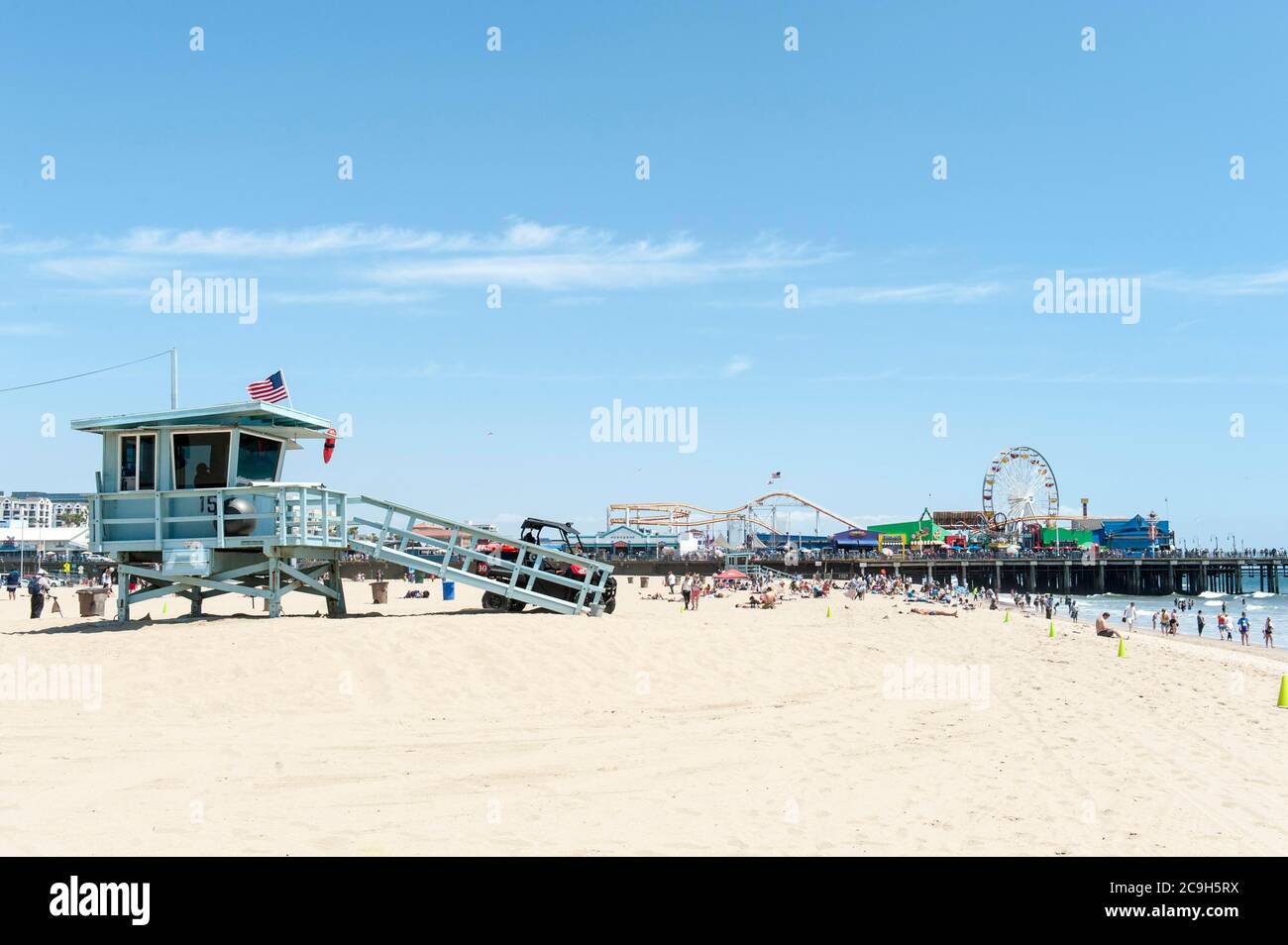 Baywatch, Beach with lifeguard watch tower, Pier, Santa Monica Beach, Los Angeles County, California, USA Stock Photo