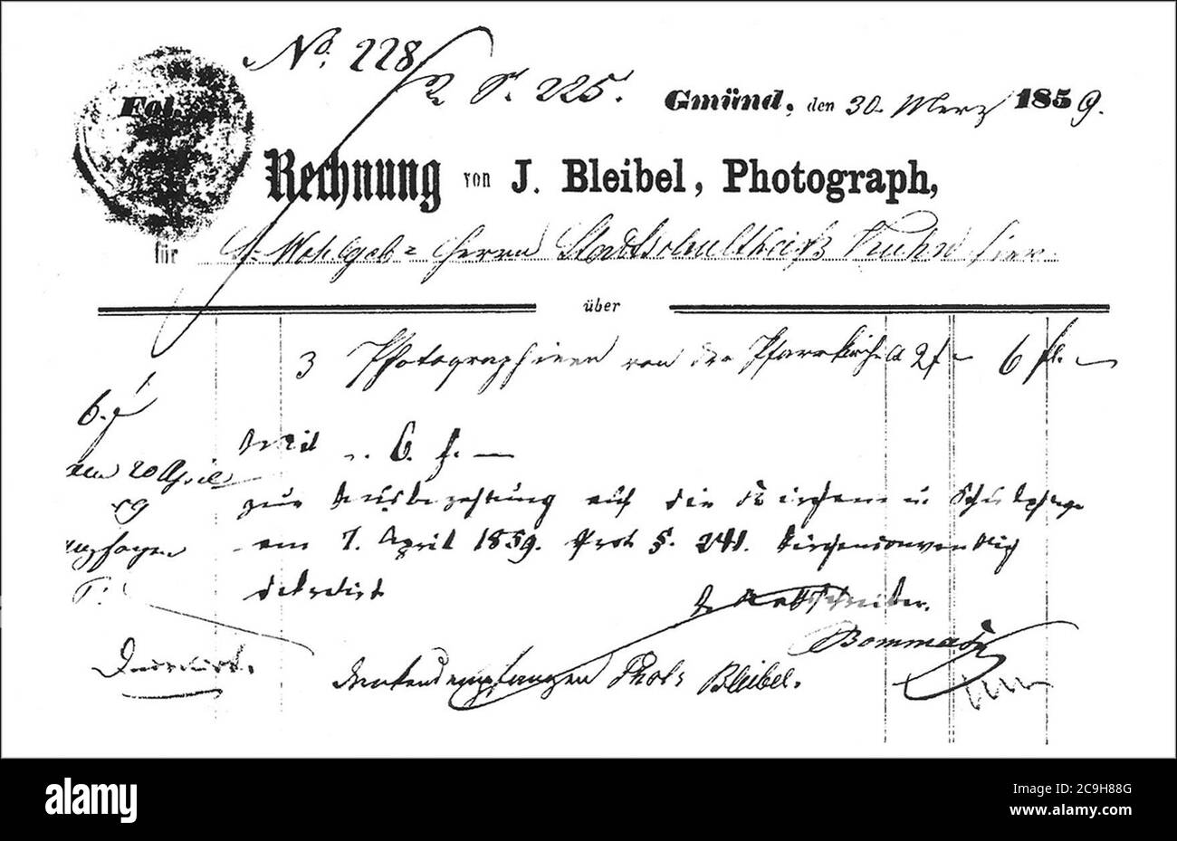 J Bleibel - Rechnung 228 Gmünd 30.03.1859 (GPh19). Stock Photo