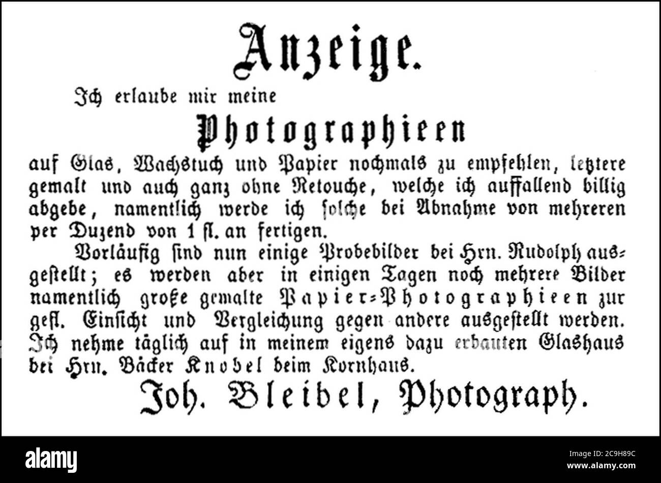 J Bleibel - Anzeige aus »Der Bote vom Remsthal« vom 11.12.1858 (GPh15). Stock Photo