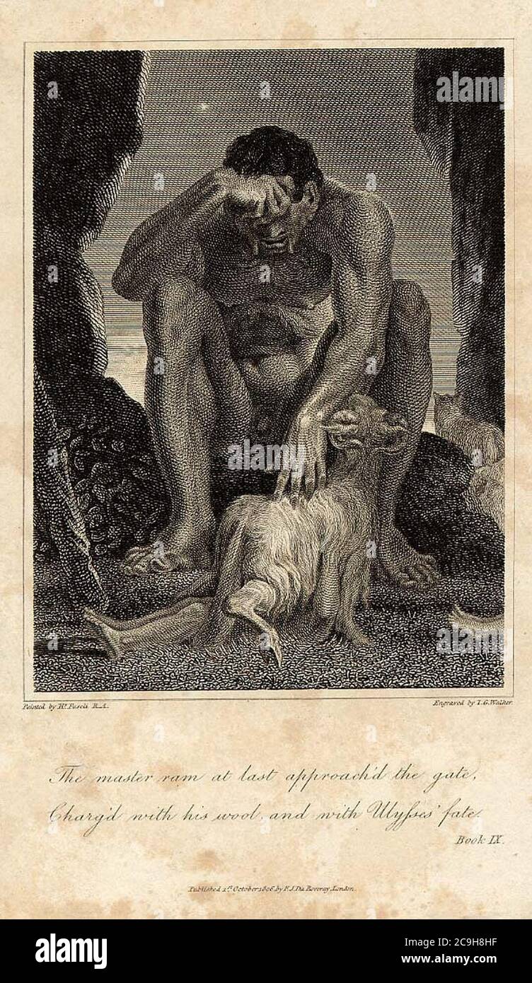 J G Walker - Blinded Polyphemus Checks the Sheep as they leave the Cave, 1806. Stock Photo