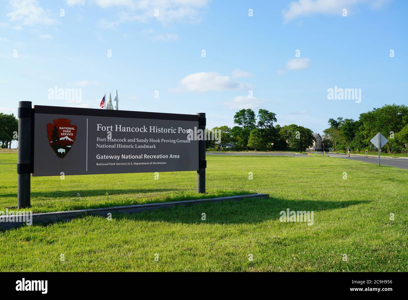 SANDY HOOK, NK 16 JUL 2020 View of the National Park Service sign for