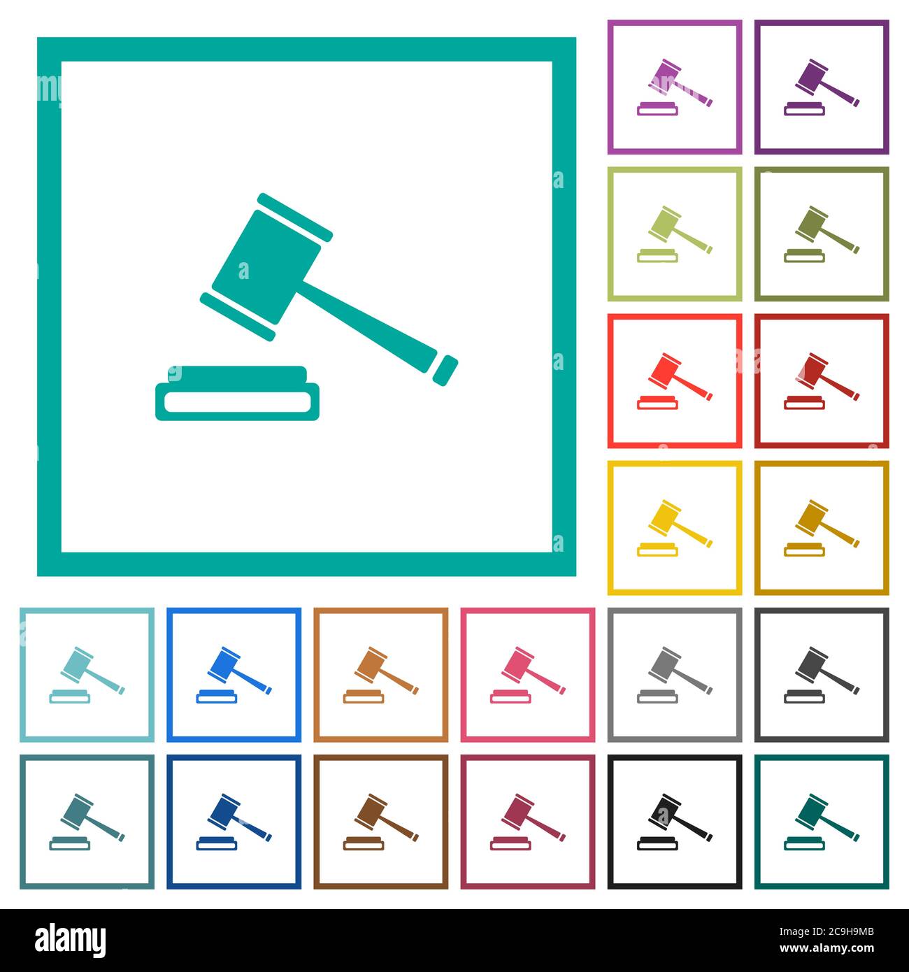 Auction hammer flat color icons with quadrant frames on white background Stock Vector