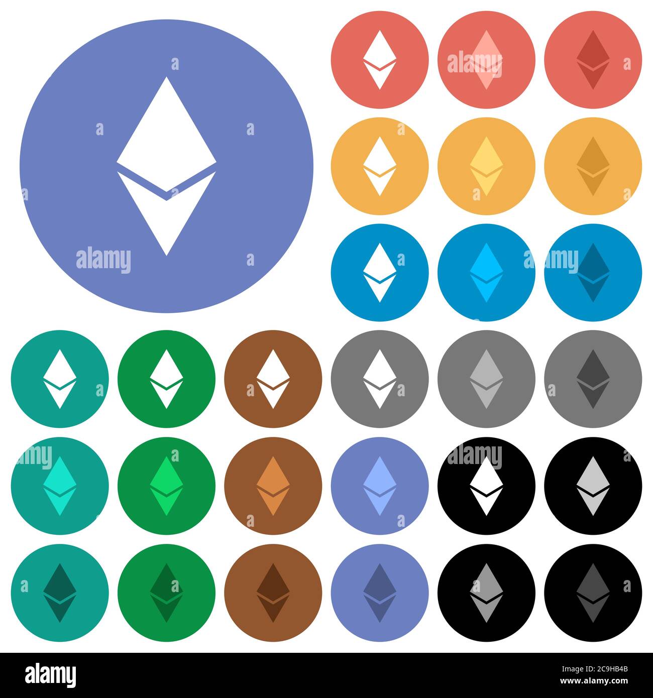 Ethereum digital cryptocurrency multi colored flat icons on round backgrounds. Included white, light and dark icon variations for hover and active sta Stock Vector